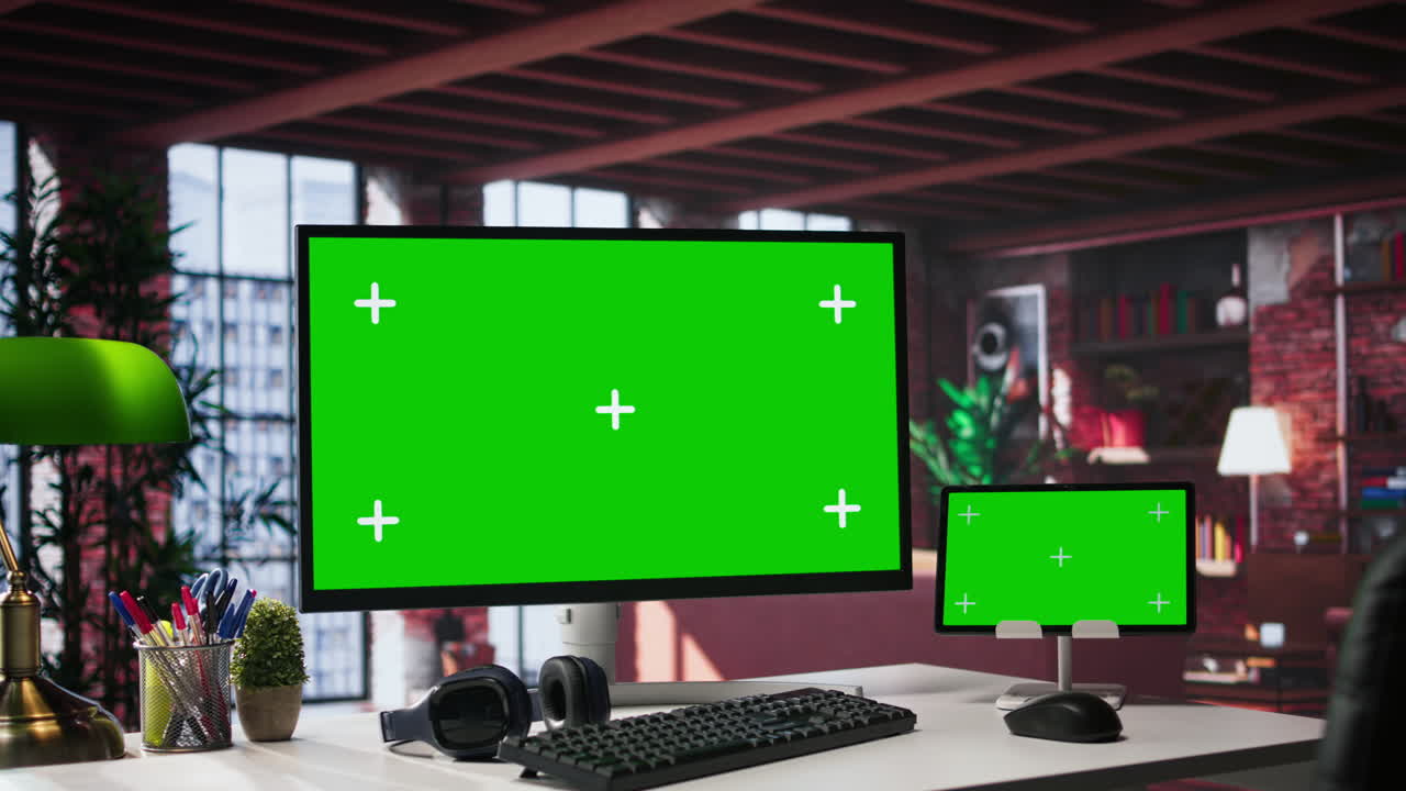 Modern elegant home desk featuring green screen on pc monitor