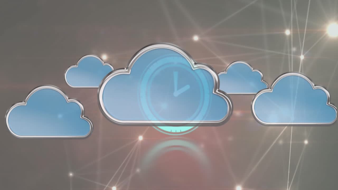 animación de iconos de nubes sobre un reloj de neón y una red de conexiones brillantes.
