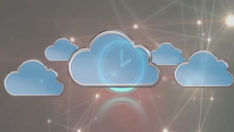 animation of cloud icons over neon ticking clock and glowing network of connections