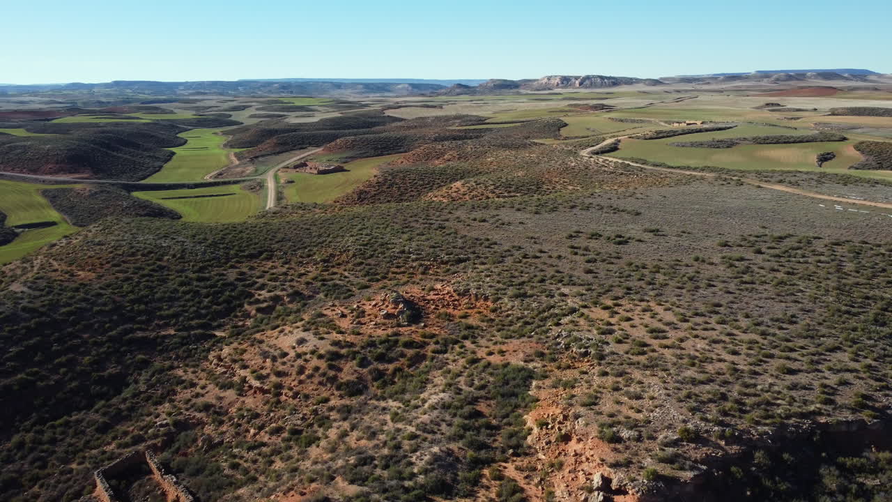 Aerial View of a Spanish Rural Landscape with Agricultural Fields and Ruins