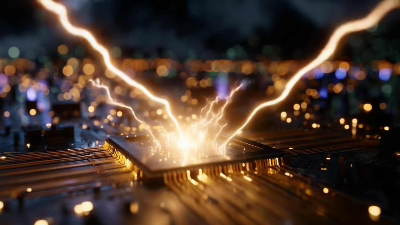 An Electrifying Display of Power: A Close-Up on a Circuit Board Interacting with Dynamic Energy Flows Depicted by Brilliant Sparks and Arcs of Lightning, Illuminating the Future of Technology