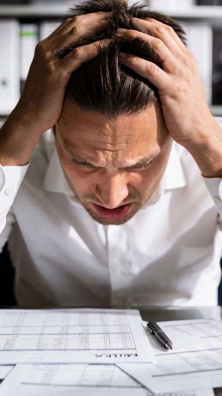 Vertical video: Reading sheets, man in white shirt gripping head over forms at office, pen, binders