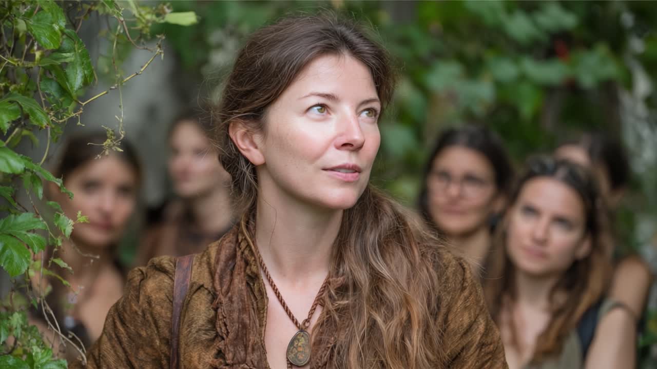Una donna nella natura: riflesso accattivante in mezzo alla vegetazione lussureggiante e ai volti attenti dei suoi compagni.