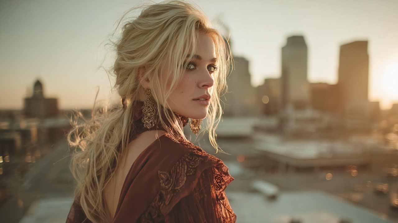 Captivating urban elegance bathed in golden light, featuring a striking female figure adorned in intricate attire, set against a stunning city backdrop at sunset