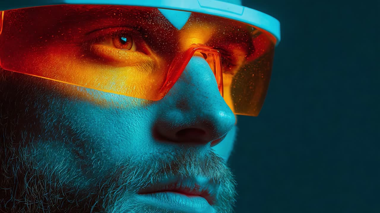 Close-Up Portrait of a Male Subject Wearing Futuristic Colorful Sunglasses with Distinctive Orange and Blue Light Effects, Captured in Dramatic Lighting for Visual Impact