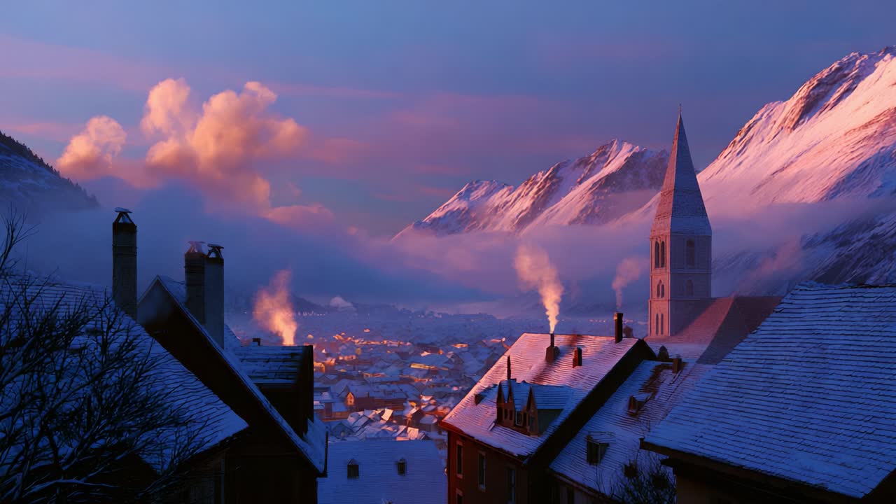 Breathtaking Winter Landscape: Evening Overlook of Snow-Covered Village with Majestic Mountains, Mist, and Glowing Sunset Sky Highlighting the Beauty of Nature's Tranquility