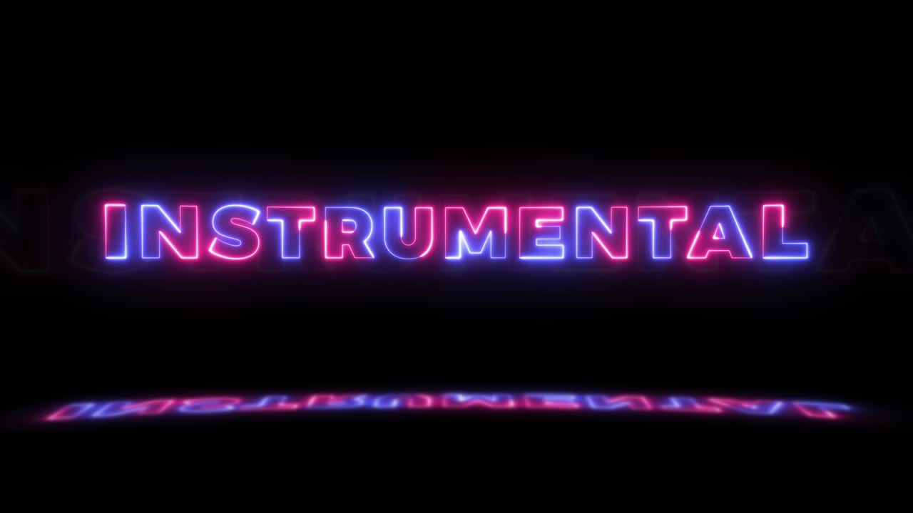검은색 배경에 'instrumental'라는 네온 빛나는 단어와 바닥에 반사되는 네온 빛은 시엄리스 루프 모션 그래픽으로 표시됩니다.