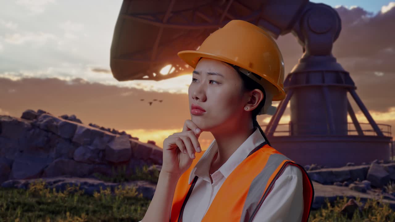 Close Up Side View Of Asian Female Engineer With Safety Helmet Thinking And Looking Around Then Raising Her Index Finger While Standing With Large Satellite Dish