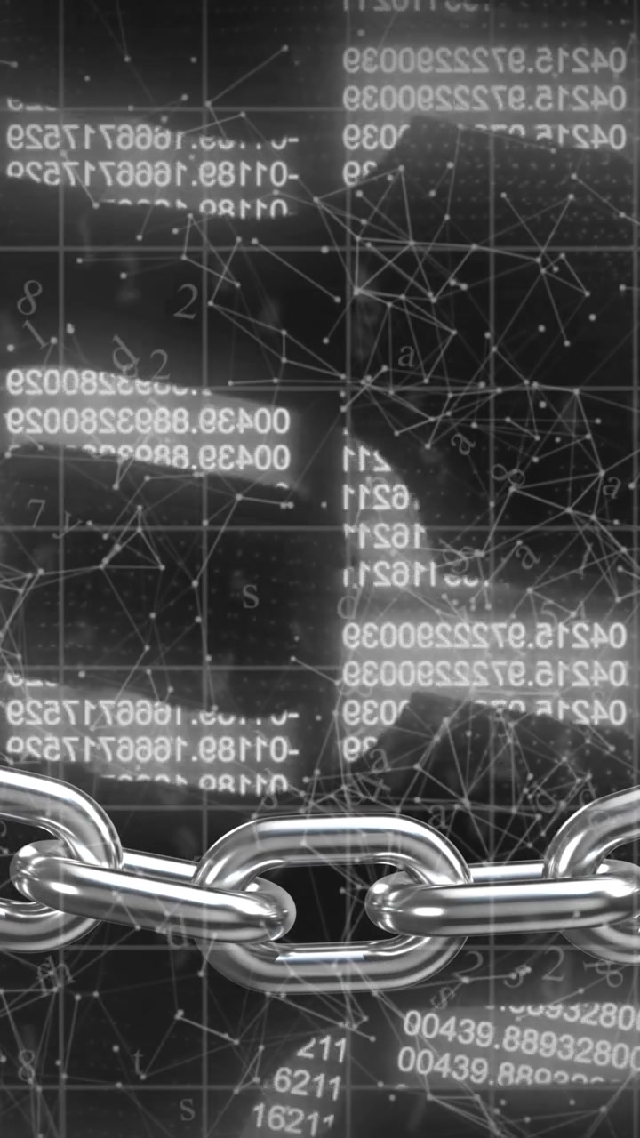 Animation of digital block chains with data processing and binary coding