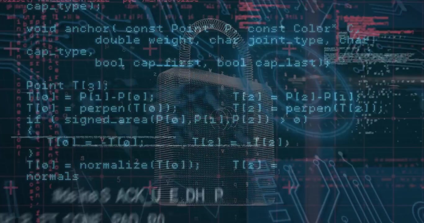 Animation of digital interface with security padlock over dark background