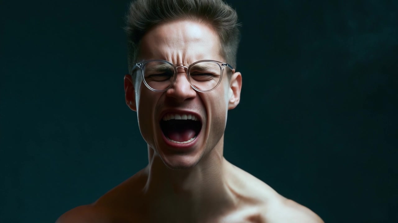 Una Potente Espressione di Rabbia e Determinazione: Catturando il Momento Intenso di un Giovane Uomo che Urla con Passione ed Emozione, Esprimendo Energia Pura e Presenza Dinamica.