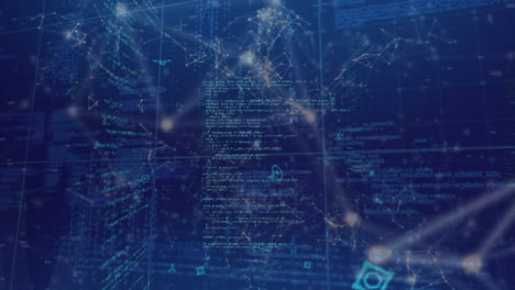 animation of network of connections, square and data processing in navy space