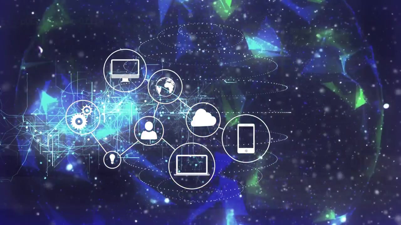 Timeline moving cloud icon pulsing bits scrolling devices popping and linking showing network flow