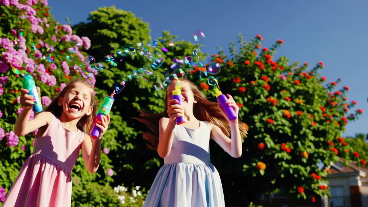 Two Joyful Girls Playing with Bubbles in a Sunny Garden