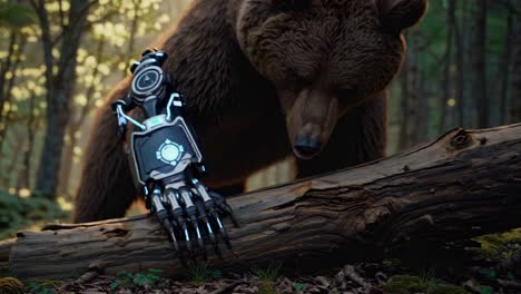 bear with robotic arm in forest