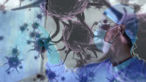animación de la propagación del coronavirus covid19 con un trabajador de la salud en el fondo