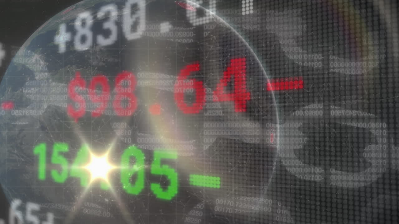 전 세계에 걸쳐 빛의 흔적과 데이터 처리를 가진 증권 시장의 애니메이션