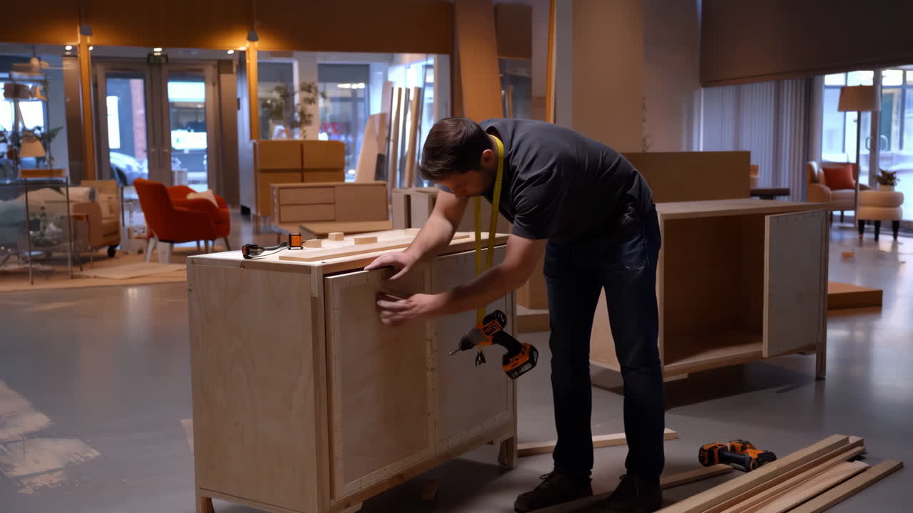 Man Assembling Wooden Cabinet with a Drill