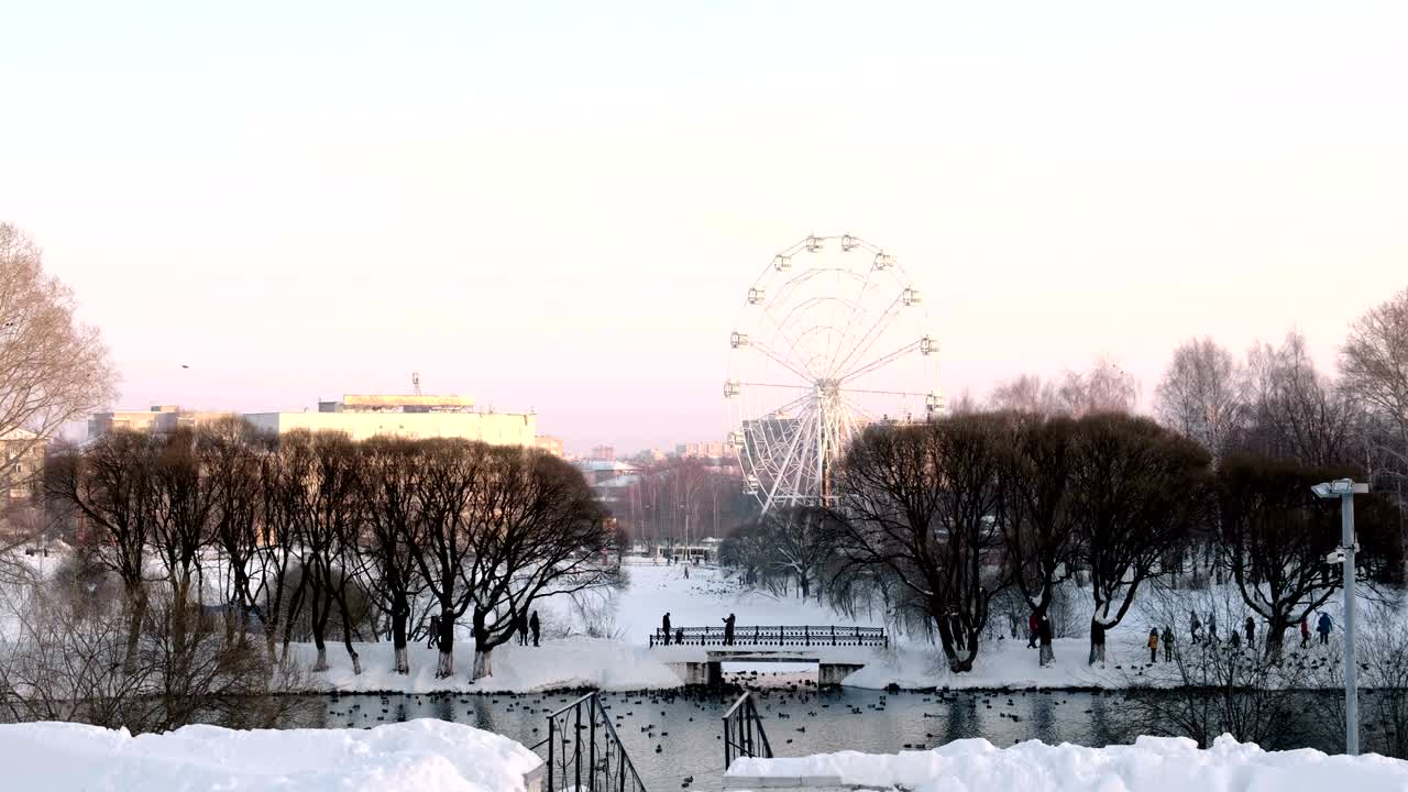도시 배경에 있는 겨울 공원의 페리스. 분홍색 해가 지는 하늘.