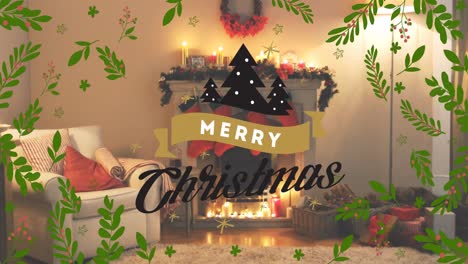 animation of christmas greetings text over christmas decorated room