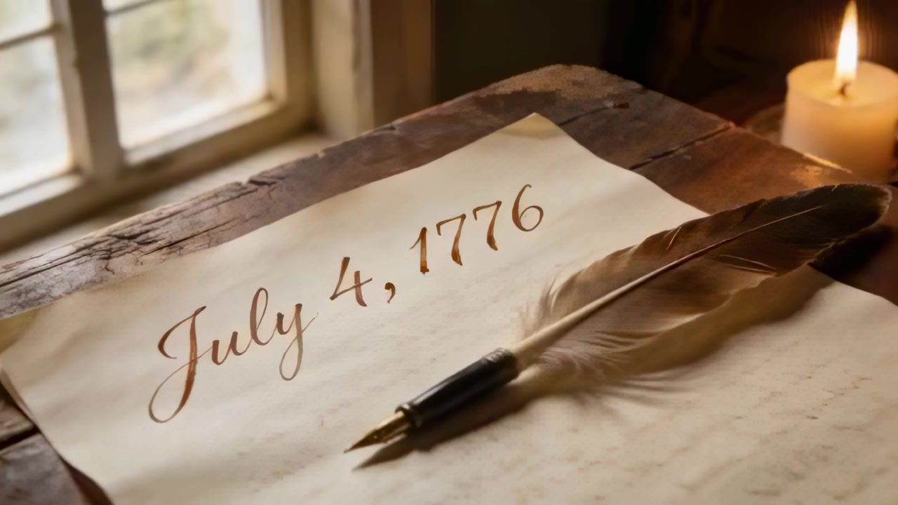 Kamera se posouvá dopředu, odhaluje starý pergamen s datem 4. července 1776 na stole, s kurzívou psanou brkem.
