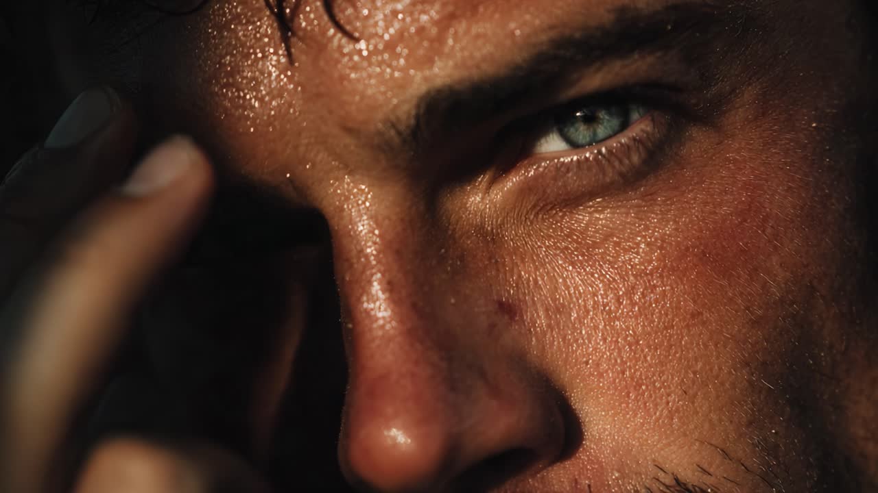 An Intimate Close-Up of a Man's Face Capturing Raw Emotion and Intrigue, Focused on His Striking Eye and Expressive Features