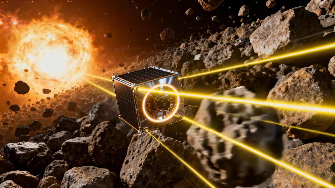 Glowing ring firing yellow beams, Cubesat shifting through dense asteroid belt toward bright star