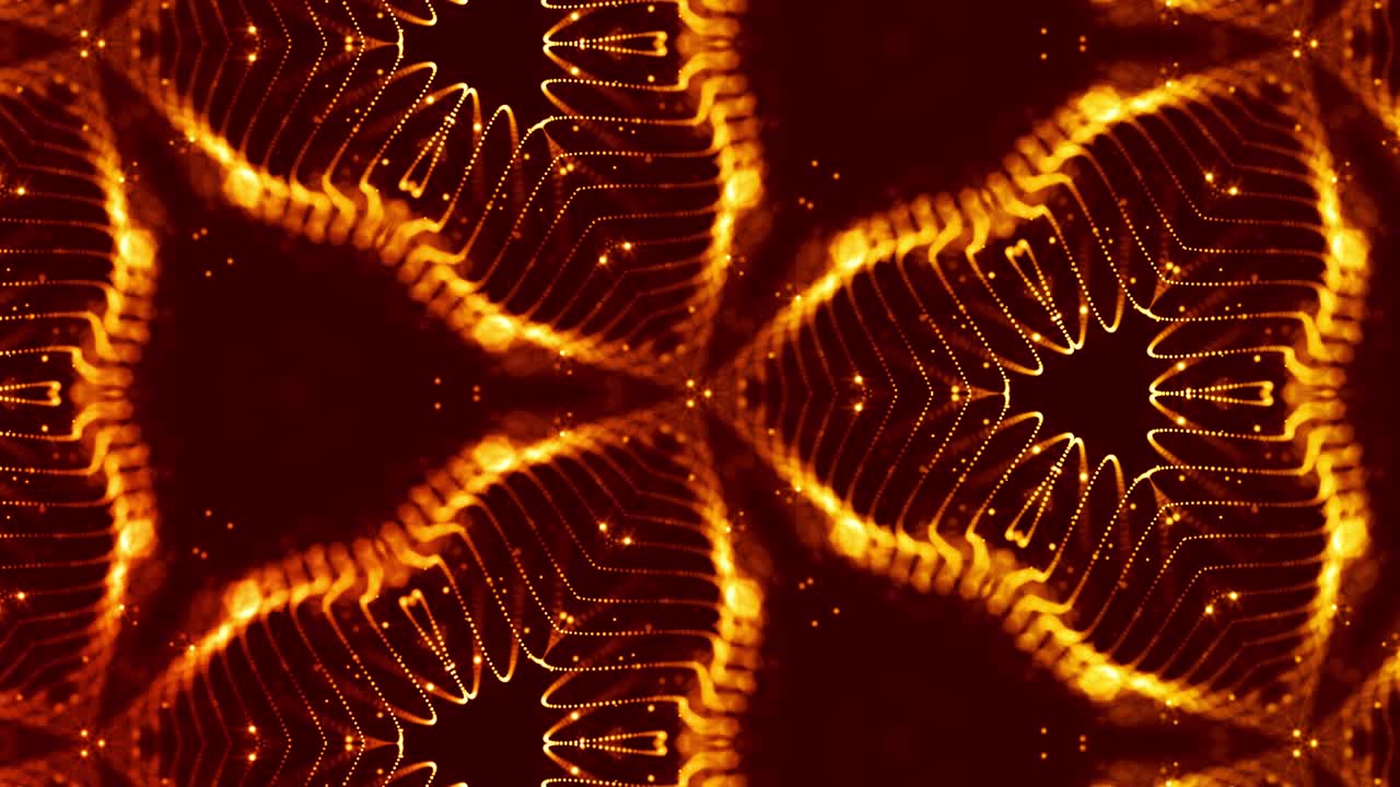 abstracción del micro-mundo de la nanotecnología. fondo 3d de ciencia ficción en bucle de 4k con partículas de oro brillantes forman líneas, superficies, patrones, estructuras caleidoscópicas simétricas complejas. 6