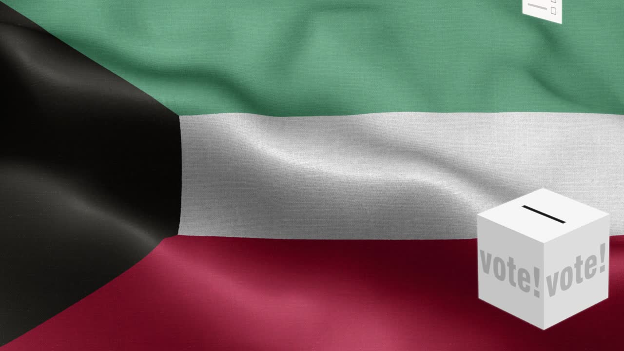 las papeletas de votación vuelan a la caja para la selección de kuwait - caja de votación frente a la bandera - elección - voto - bandera de kuwait - bandera de kuwait alto detalle - bandera nacional de kuwait patrón de ondas elementos loopables - textura de tela y bucle sin fin
