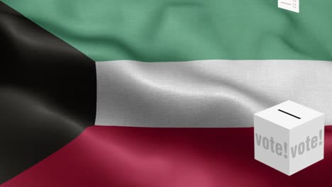ballots fly to box for kuwait selection - ballot box in front of flag - election - vote - flag of kuwait - kuwait flag high detail - national flag kuwait wave pattern loopable elements - fabric texture and endless loop