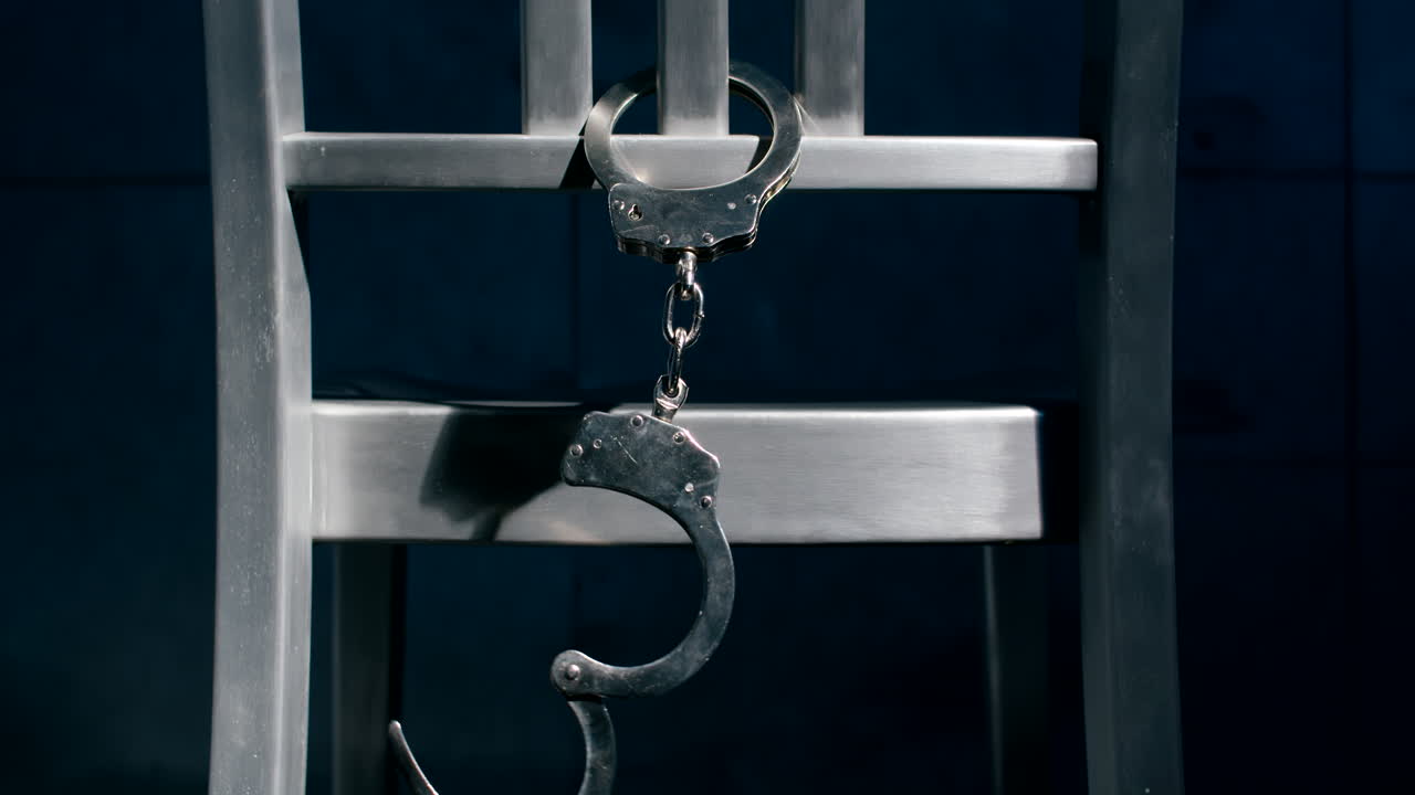 의자 뒤에 매달린 수갑의 중간 슬로우 모션 돌리 샷