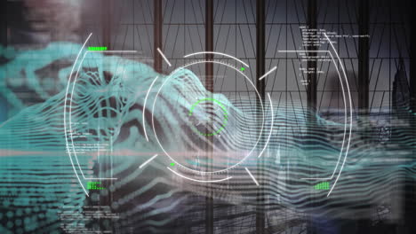 Animation of financial data processing over business people walking