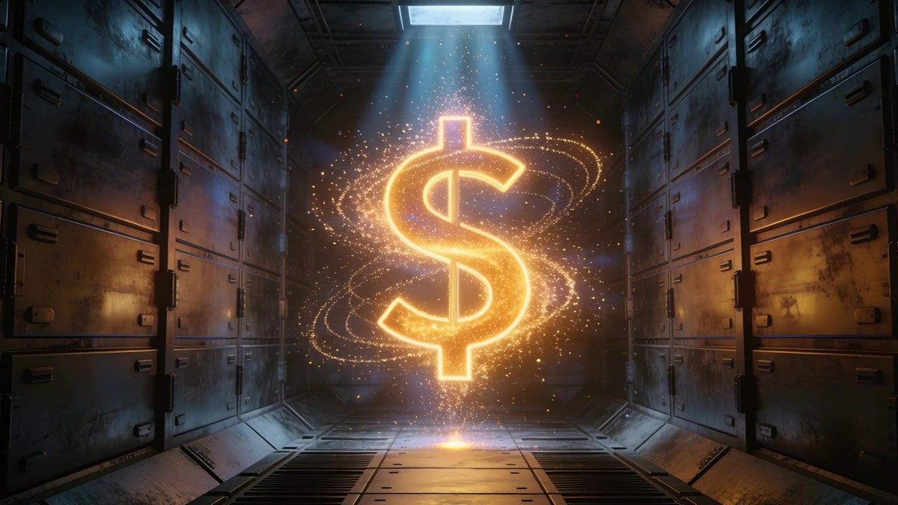 Simbolo del dollaro dorato che si materializza e pulsa in un caveau, mentre un raggio dall'alto sale e un anello di braci si forma.