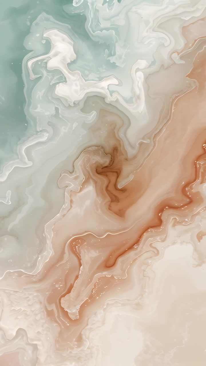 Vertical video: Looping marbled swirl shifting on tall canvas with rust vein sparkles to mimic flow