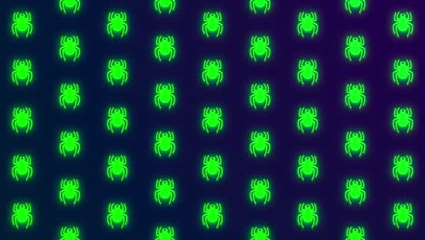 arañas de neón brillantes animadas de halloween en un fondo oscuro. animación en bucle 4k