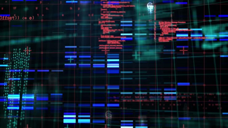 Animation of science data processing over dark background