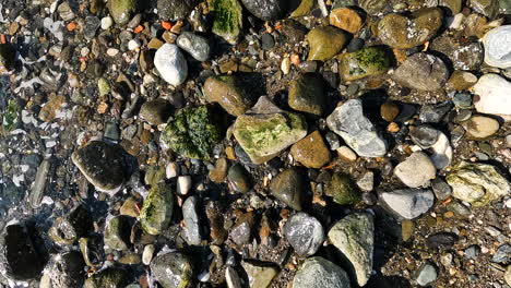 4k-Vertical-shot-of-ocean-water-and-small-rocks-by-the-shore-in-Marbella,-Spain