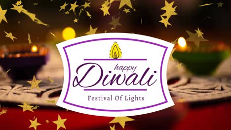animation of happy diwali festival of lights text, with golden stars, over lit candles on table