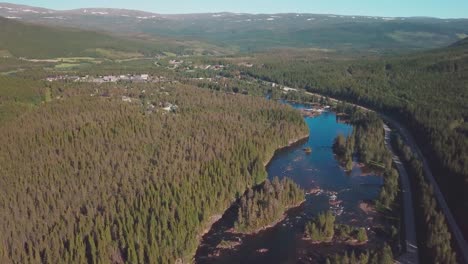 Kran-Hoch-Und-Runter-Kippen-Drohne-über-Einen-Fluss-In-Einem-Großen-Wald-In-Mittelnorwegen-Geschossen