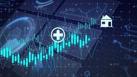 Finanzdaten-Und-Medizinische-Kreuzanimation-über-Schwankenden-Börsendiagrammen