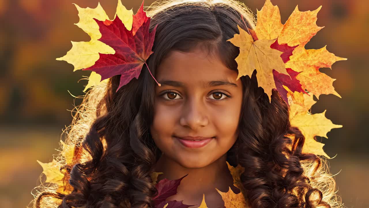 A girl surrounded by autumn leaves