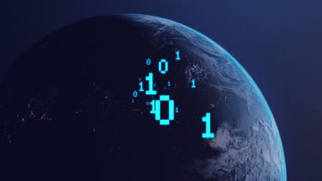 animation of binary coding digital data processing over globe