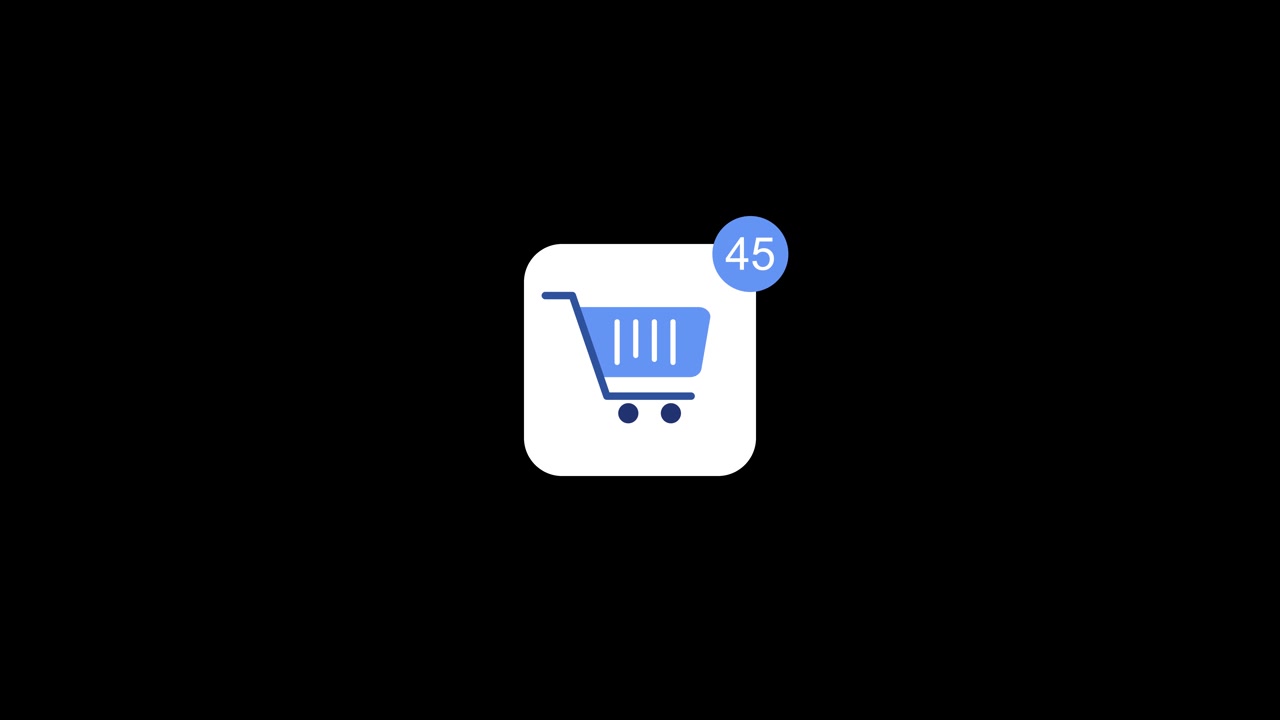 Icona del carrello della spesa con animazione del badge di notifica, isolata su sfondo nero.