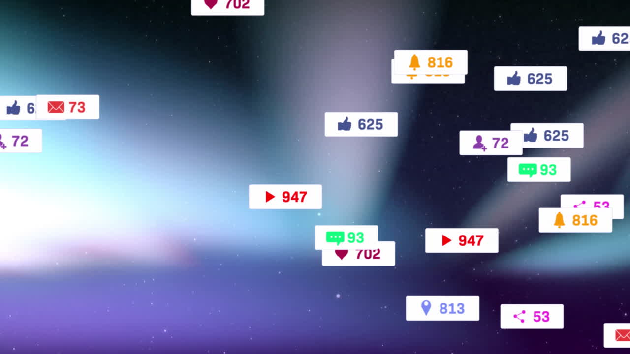 Floating social media icons drifting across cosmic gradient in flat design animated illustration