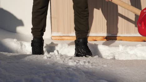 shoveling path in winter backyard