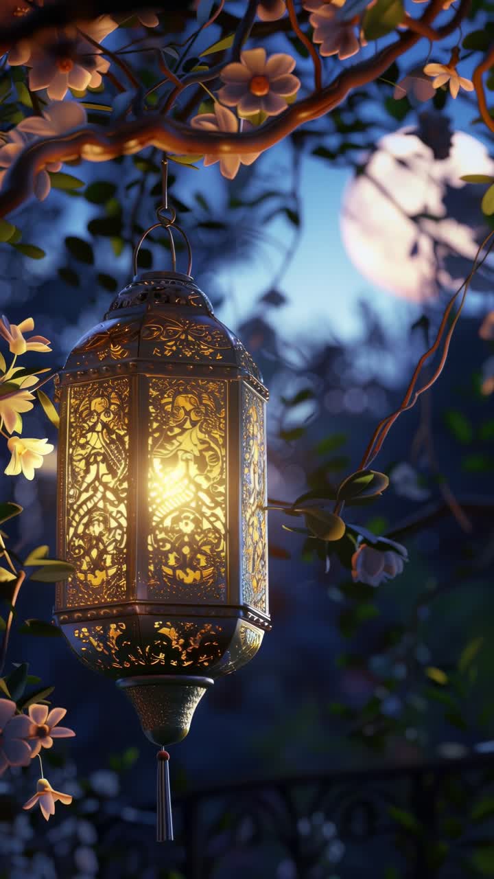 Video ravvicinato di una lanterna decorata che brilla tra i fiori di notte, con uno sfondo illuminato dalla luna