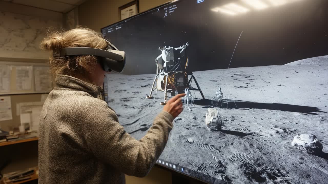 Immersive Virtual Reality Experience on the Moon: A User Interacting with a Detailed Lunar Landing Scene Through Virtual Reality Headset in a Modern Setting, Engaged in Exploration and Discovery