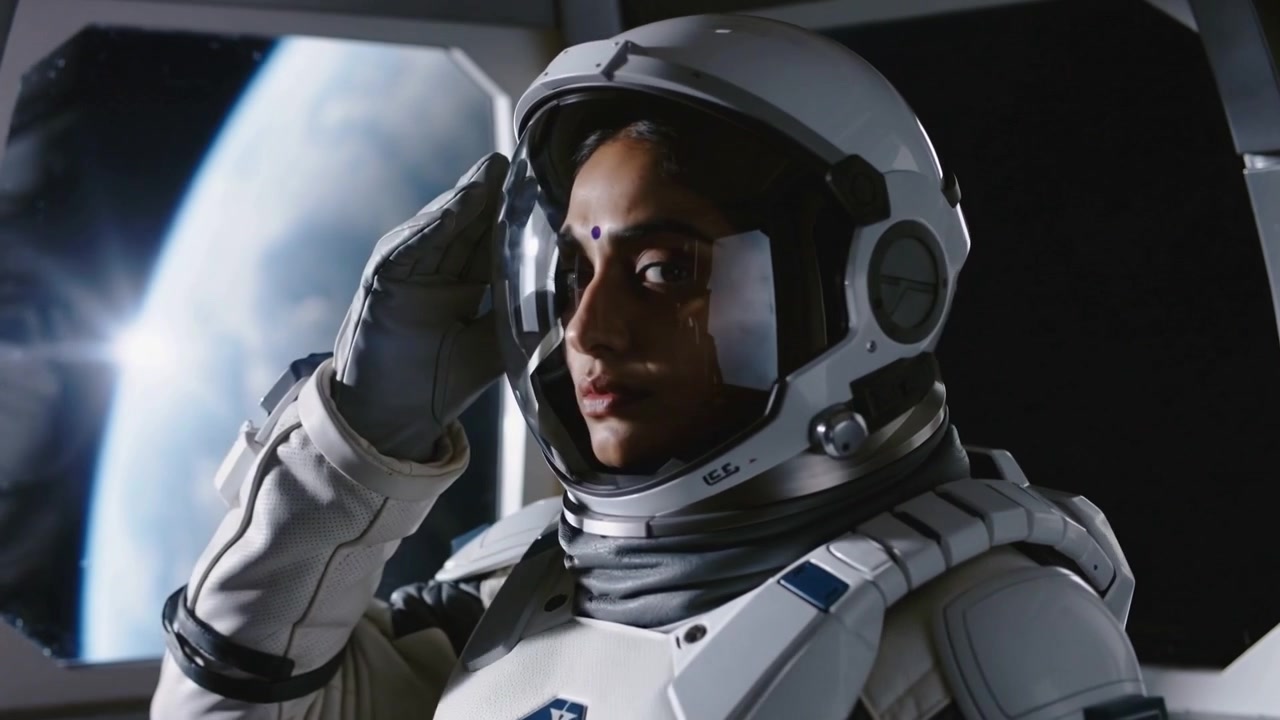 Levantando a viseira, astronauta estudando planeta através da janela, respondendo ao reflexo do sol com traje