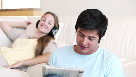 couple talking in a living room