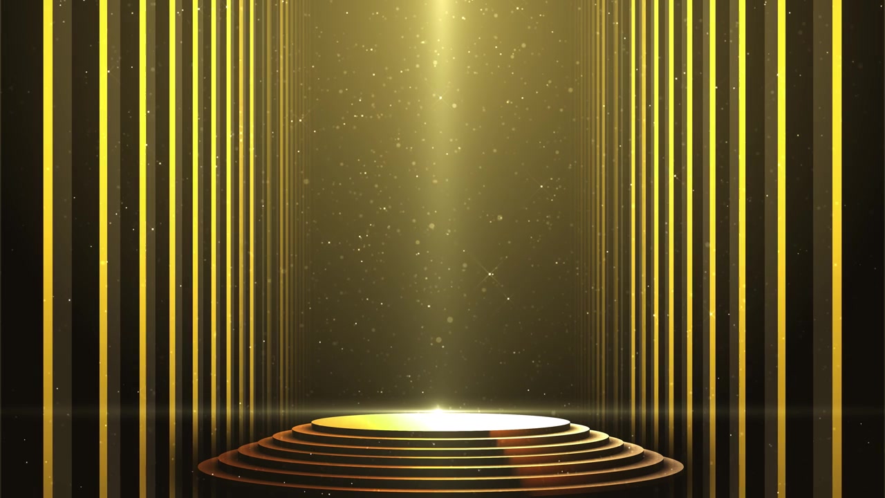 Luxury award platform visual with gold pillar lights glowing round stage glitter particles and